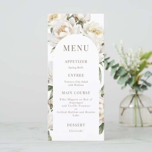 Witte Pioen Bloemen Boog van het Huwelijk Menu (Staand voorkant)
