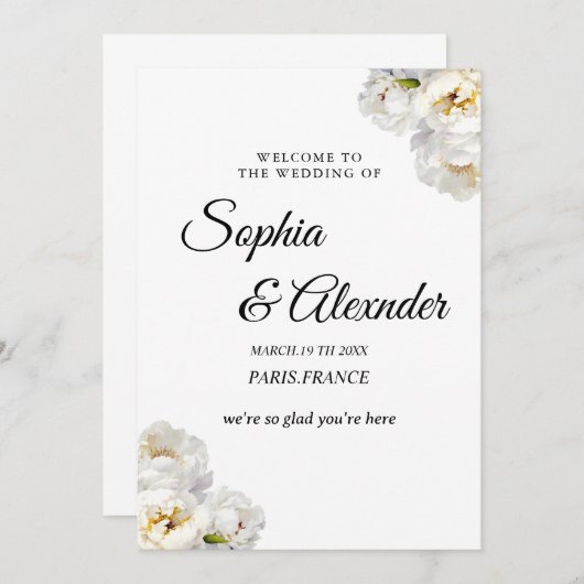 Witte Pioen Bloemen Bruiloft Kaart (Voorkant / Achterkant)