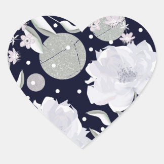 Witte pioen bloemen op donkerblauw. hart sticker