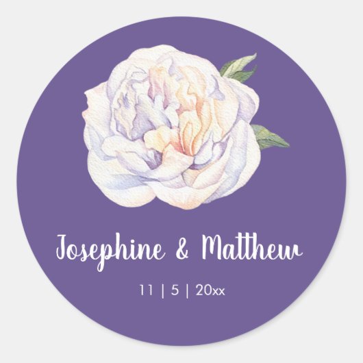 Witte Pioen Bloemen Violet Paarse Bruiloft Sticker (Voorkant)
