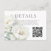Witte Pioen Bloemige Trouwdetails QR-code Informatiekaartje (Voorkant)