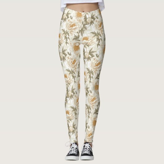 Witte pioen bloemmotief leggings (Voorkant)