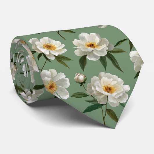 Witte Pioen Bloemmotief Stropdas (Opgerold)