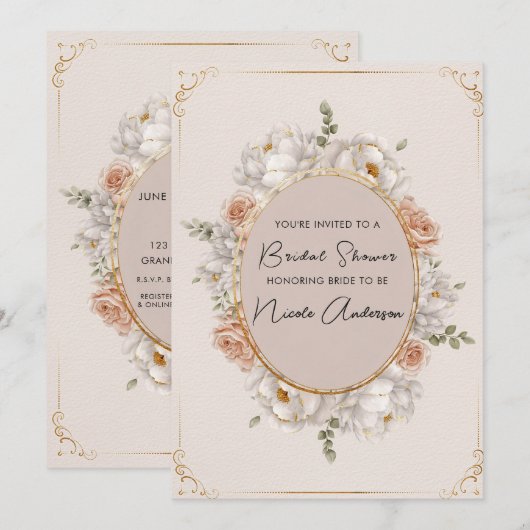 Witte Pioen & Blush Roos Bruidsboeket Kaart (Voorkant / Achterkant)
