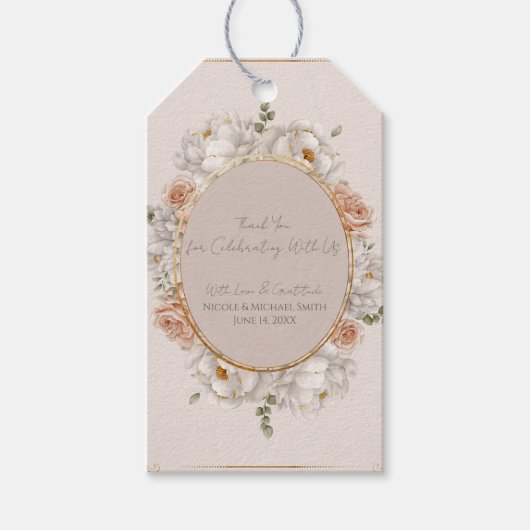 Witte Pioen & Blush Roze Bloemachtige Trouw Cadeaulabel (Voorkant)