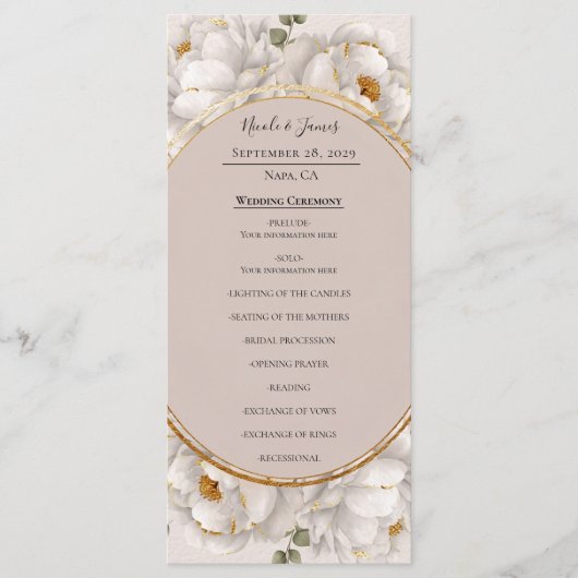 Witte Pioen & Blush Roze Bloemen Huwelijksprogramm Menu (Voorkant)