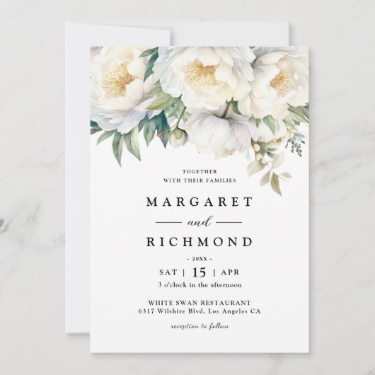 Witte pioen Elegante Bloemen Waterverf bruiloft Kaart (Voorkant)