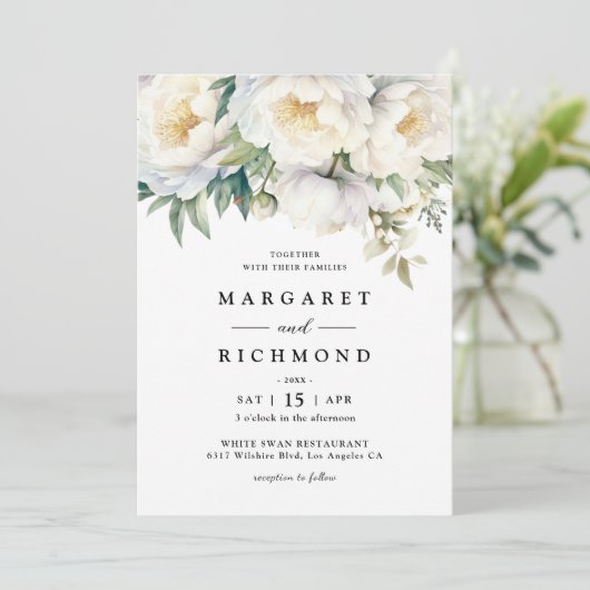 Witte pioen Elegante Bloemen Waterverf bruiloft Kaart (Staand voorkant)