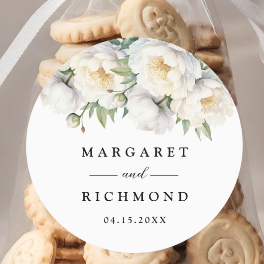 Witte pioen Elegante Waterverf Bloemenbruiloft Ronde Sticker