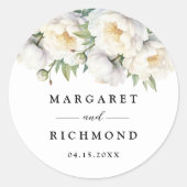 Witte pioen Elegante Waterverf Bloemenbruiloft Ronde Sticker (Voorkant)