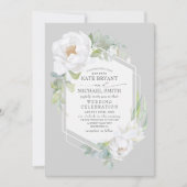 Witte Pioen en groen geometrisch Lijst bruiloft Kaart (Voorkant)