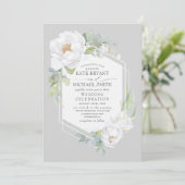 Witte Pioen en groen geometrisch Lijst bruiloft Kaart (Staand voorkant)
