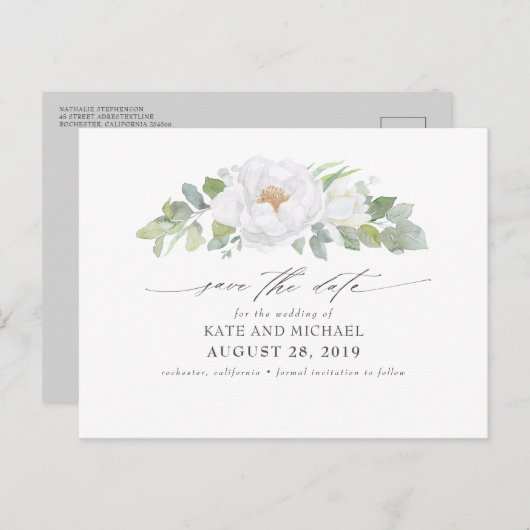 Witte pioen en Waterverf groen opslaan de datum Briefkaart (Voorkant / Achterkant)