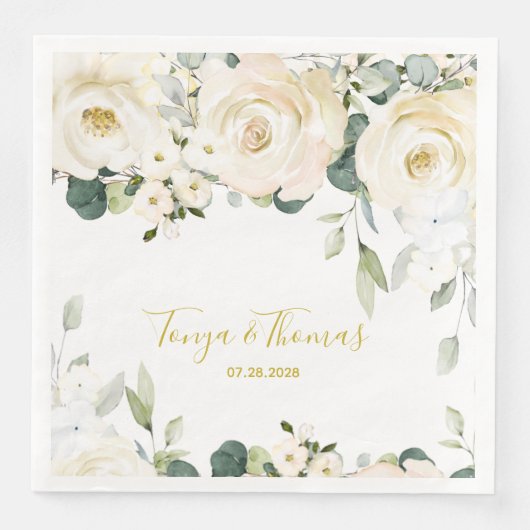 Witte Pioen Epifanie Trouw Dinner Servetten (Voorkant)