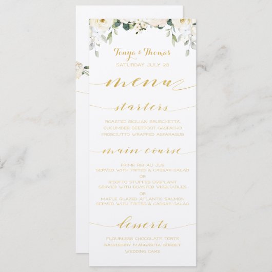 Witte Pioen Epiphany Bruiloft Gouden Kalligrafie M Menu (Voorkant / Achterkant)