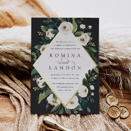 Witte Pioen | Geometrische Bloemenframe Bruiloft Folie Uitnodiging