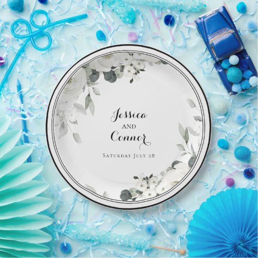 Witte pioen groen bruiloft 9 inch diner papieren bordje (Feest)