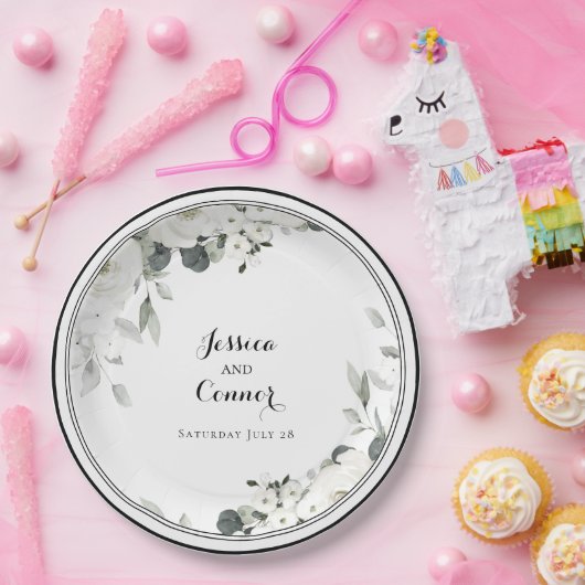 Witte pioen groen bruiloft 9 inch diner papieren bordje (Feest)