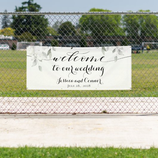 Witte pioen groen welkom op onze bruiloft 2x6' spandoek (Insitu)