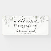 Witte pioen groen welkom op onze bruiloft 2x6' spandoek (Horizontaal)