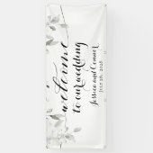 Witte pioen groen welkom op onze bruiloft 2x6' spandoek (Verticaal)