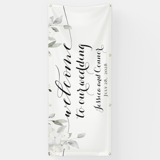 Witte pioen groen welkom op onze bruiloft 2x6' spandoek (Verticaal)