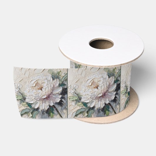 Witte Pioen Impasto Kunst Satijnen Lint (Spoel)
