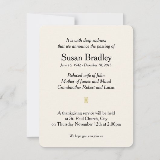 Witte Pioen Memorial begrafenis Aankondiging I (Achterkant)