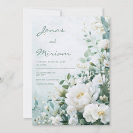 Witte Pioen Mint Groen Goud Aquarel Bruiloft Kaart