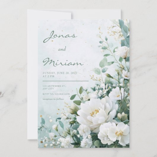 Witte Pioen Mint Groen Goud Aquarel Bruiloft Kaart (Voorkant)