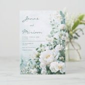 Witte Pioen Mint Groen Goud Aquarel Bruiloft Kaart (Staand voorkant)