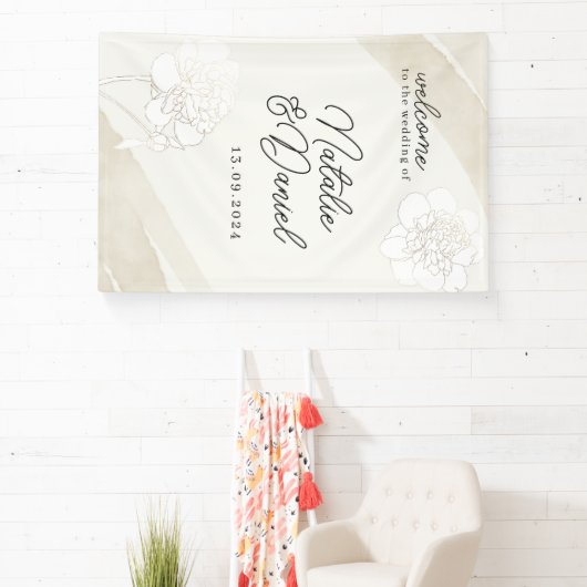 Witte Pioen Rozen Bruiloft Bord Spandoek (Insitu)