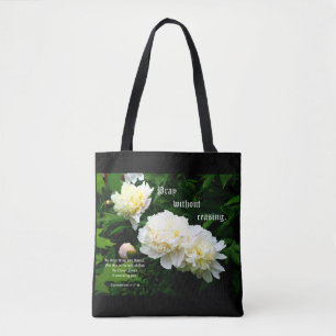 Witte Pioen Trio, 1 Thessalonicenzen 5:17-18 Tote Bag