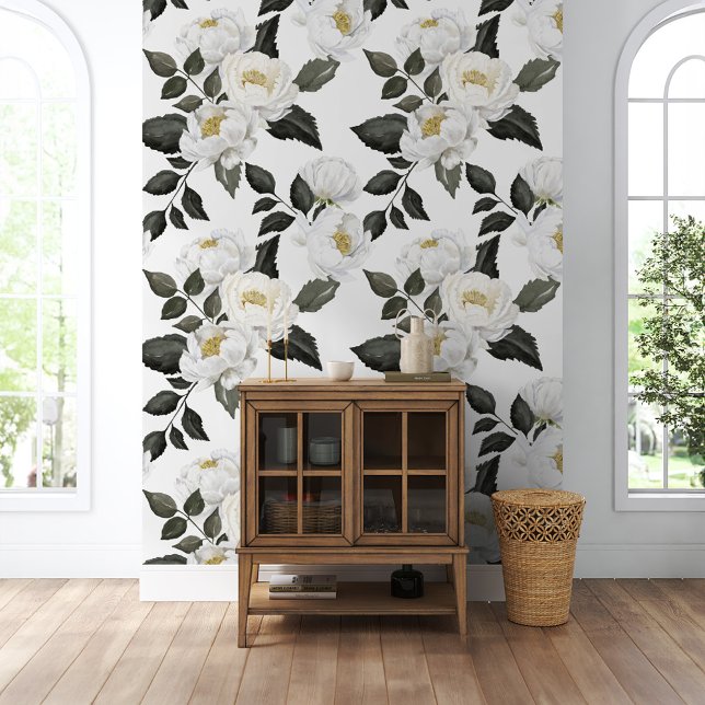 Witte Pioenen Bloemen Waterverf Botanische Tuin Behang (White Peonies Floral Watercolor Botanical Garden Wallpaper)