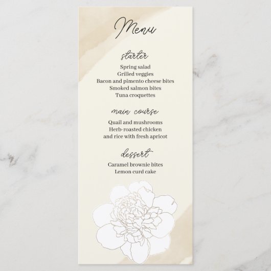 Witte pioenen bloesems bruiloft menu (Voorkant)