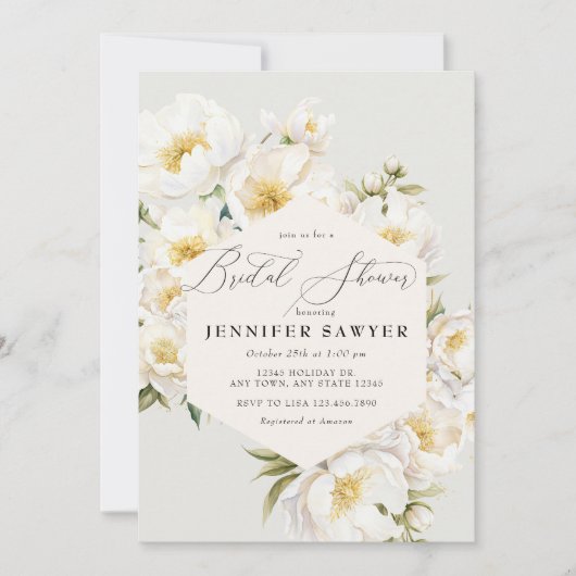 Witte pioenen | Elegant bloemig Vrijgezellenfeest Kaart (Voorkant)