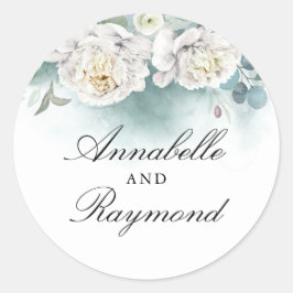 Witte Pioenen Elegant Waterverf Groen Boeket Ronde Sticker