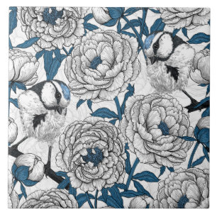 Witte pioenen en blauwe meesvogels tegeltje