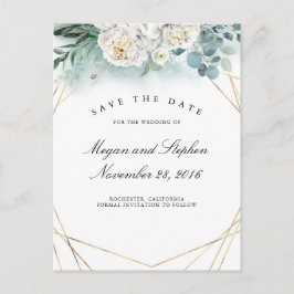Witte Pioenen en Goud Lijst Modern Save the Date Aankondigingskaart