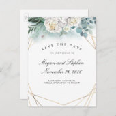 Witte Pioenen en Goud Lijst Modern Save the Date Aankondigingskaart (Voorkant / Achterkant)