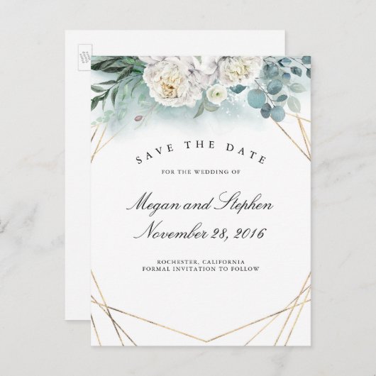 Witte Pioenen en Goud Lijst Modern Save the Date Aankondigingskaart (Voorkant / Achterkant)