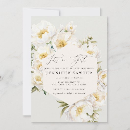 Witte pioenen | Foto Baby shower Kaart (Voorkant)