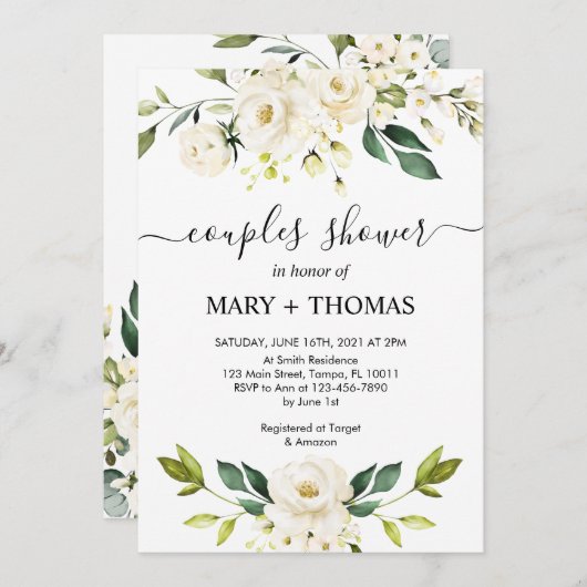 Witte pioenen gebladerte paren douche kaart (Voorkant / Achterkant)