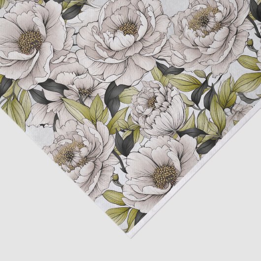 Witte pioenen illustratie met lichtgroene bladeren tissuepapier (Detail)