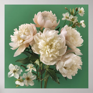 Witte pioenen met voorjaarsbloemen op groen poster
