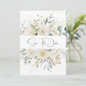 Witte pioenen Rozen Eucalyptus Bewaar de datum Save The Date (Staand voorkant)