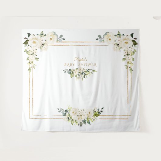 Witte Pioenroos Gouden Foto Booth Baby Shower Wandkleed (Voorkant (horizontaal))