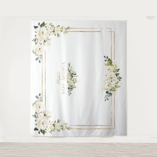 Witte Pioenroos Gouden Foto Booth Baby Shower Wandkleed (Voorkant)