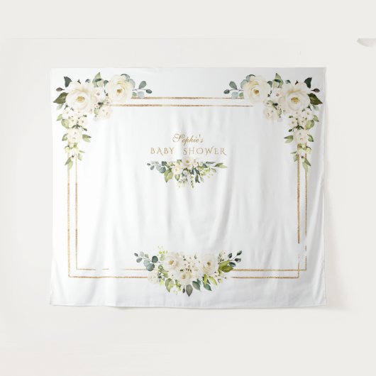 Witte Pioenroos Gouden Fotohokje Baby Shower Wandkleed (Voorkant (horizontaal))