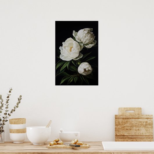 Witte Pioenrozen Bloemen Art Print Poster (Keuken)